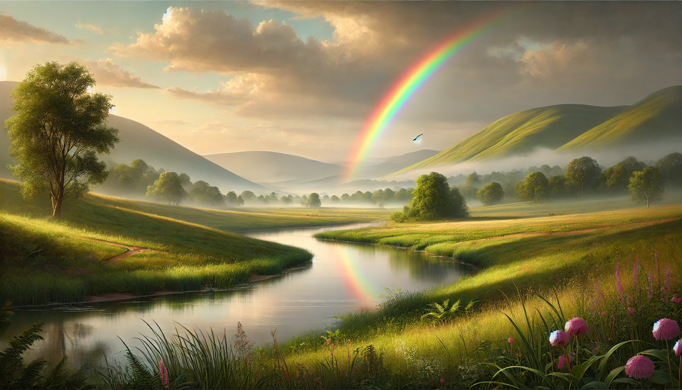 Scenic landscape with a river, rolling hills, trees, and a rainbow in a cloudy sky.