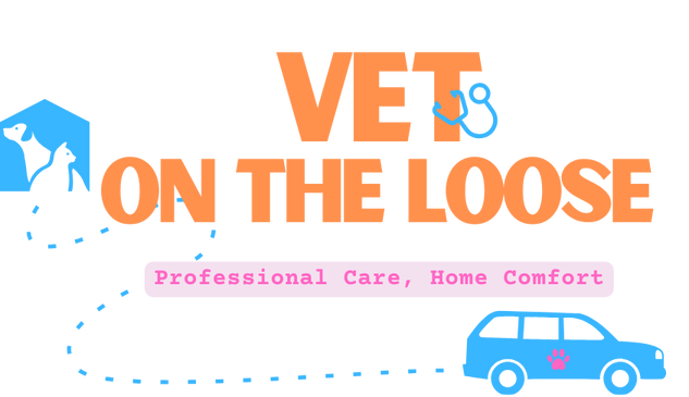 Logo for Vet on the Loose, featuring a stylized dog and cat with paw print, and a blue car with a paw print decal, highlighting professional care and home comfort.